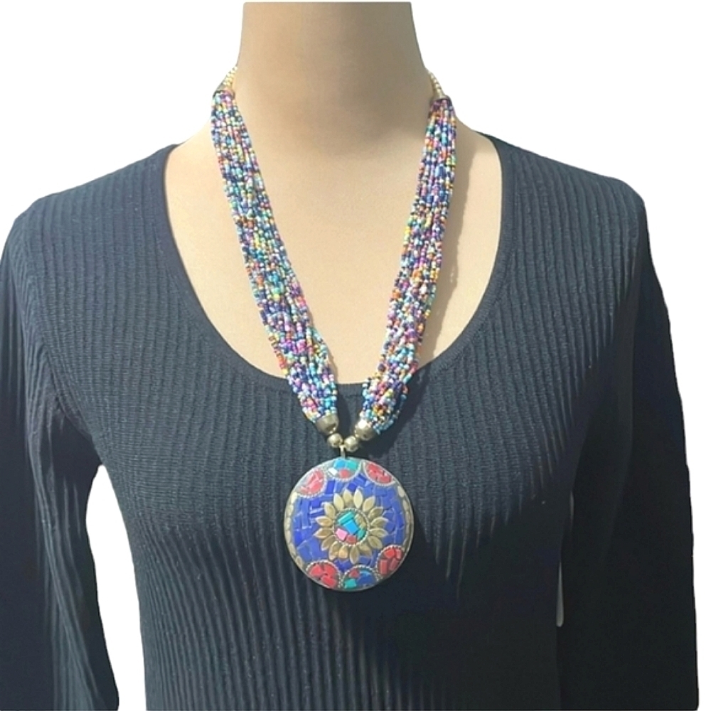 Medallion With Multiple Beaded Strands Statement … - image 1